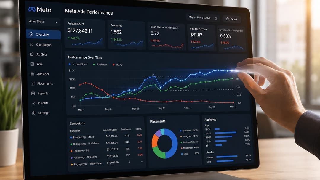 A digital professional interacts with a Meta Ads performance analytics dashboard showing campaign statistics and marketing data.