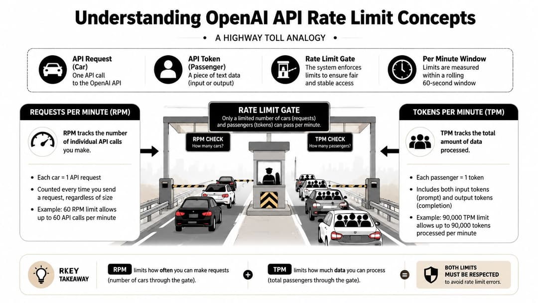 An infographic explaining OpenAI API rate limits using a highway toll gate analogy for requests and tokens.