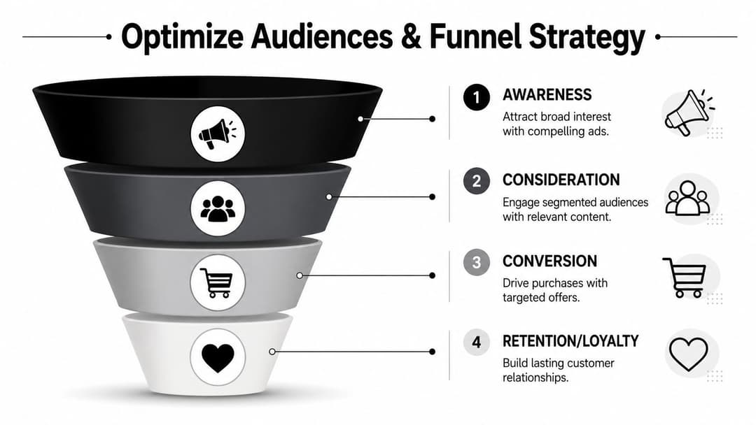 A four-stage marketing funnel diagram illustrating steps for optimizing audiences from awareness to retention and loyalty.