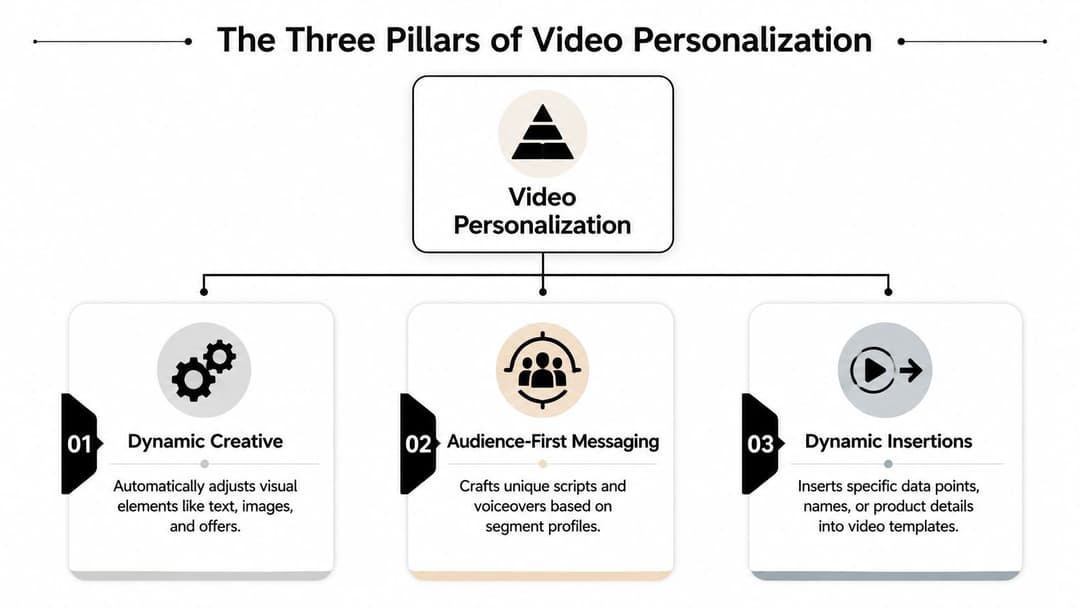 A diagram illustrating the three pillars of video personalization including dynamic creative, audience-first messaging, and dynamic insertions.