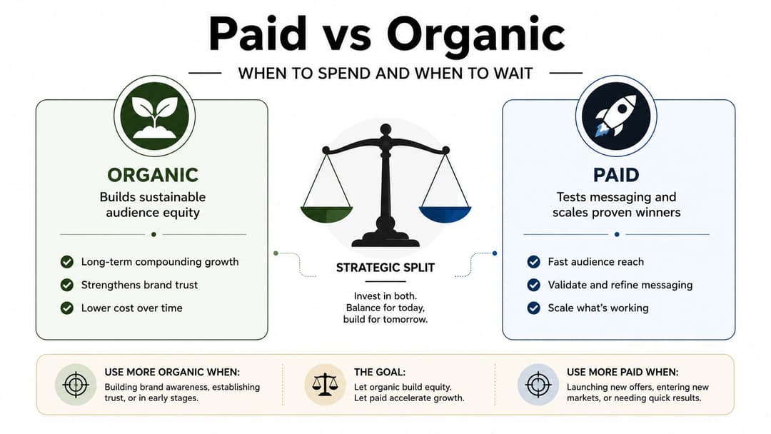 A comparison infographic showing the strategic balance between organic growth and paid advertising for digital marketing strategies.
