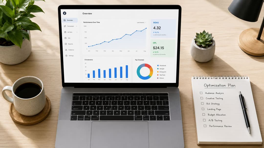 A laptop displaying marketing analytics and a notebook with an optimization plan checklist on a wooden desk.