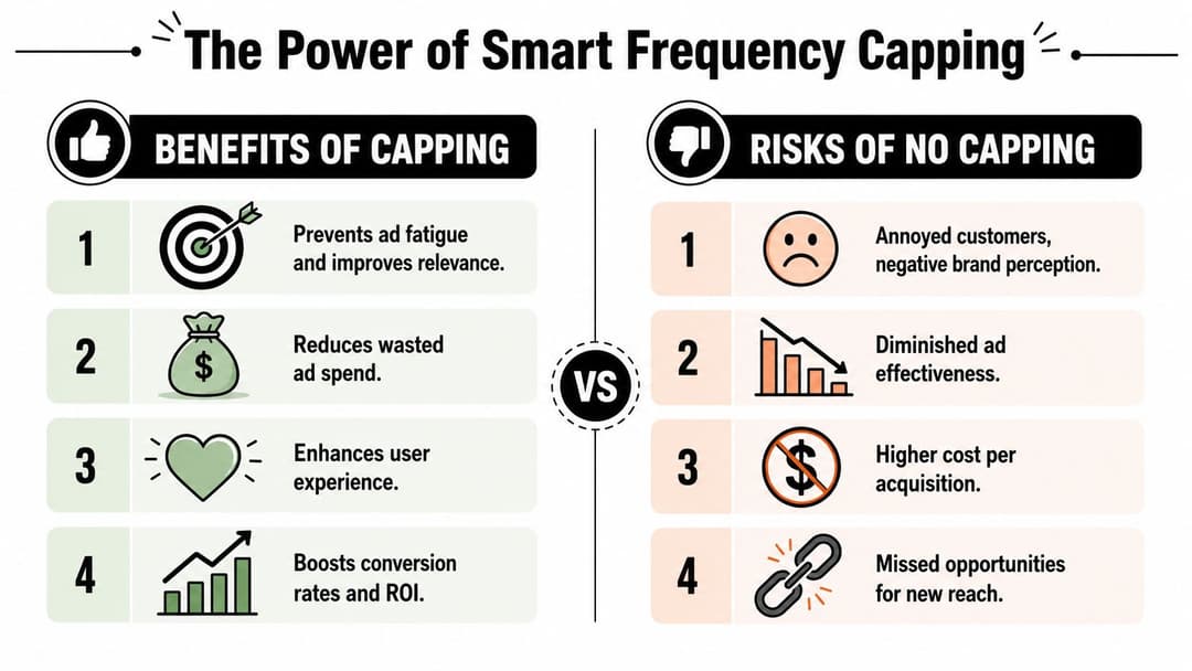 An infographic comparing the benefits of ad frequency capping versus the risks of no capping.