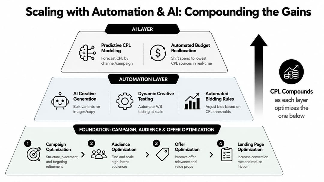 A diagram illustrating a three-layer strategy for reducing cost per lead through foundation, automation, and AI.