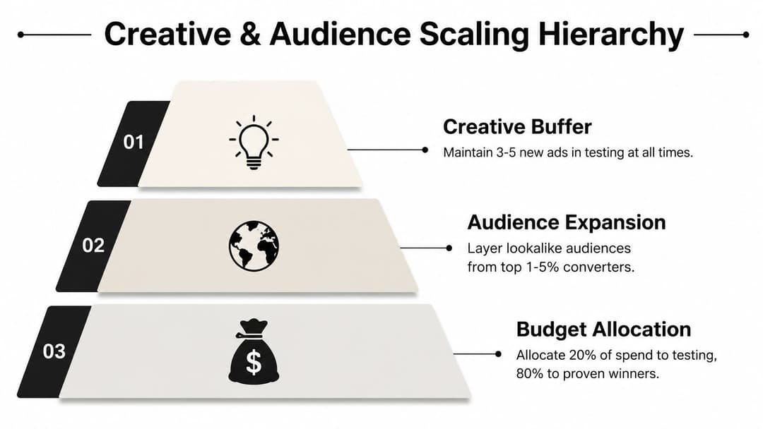 A tiered pyramid diagram illustrating a hierarchy for scaling successful advertising campaigns through creative and audience strategies.