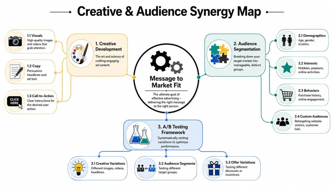 A diagram outlining the Creative and Audience Synergy Map for achieving effective message to market fit.