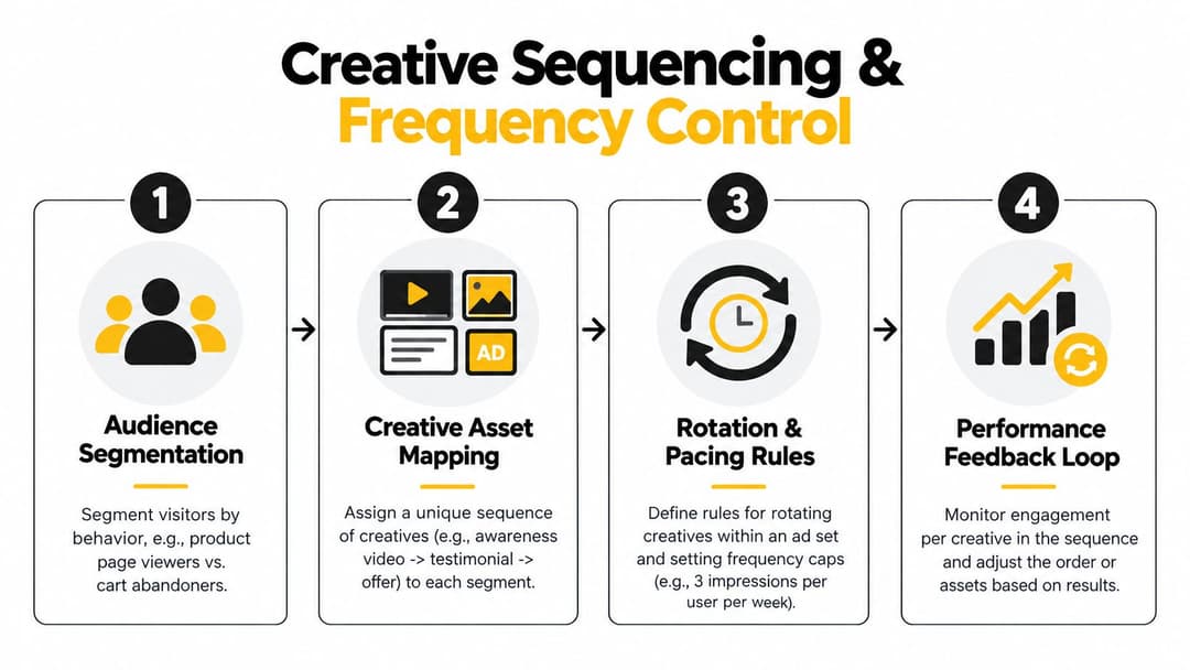 A four-step infographic illustrating a strategy for creative sequencing and frequency control in digital advertising campaigns.