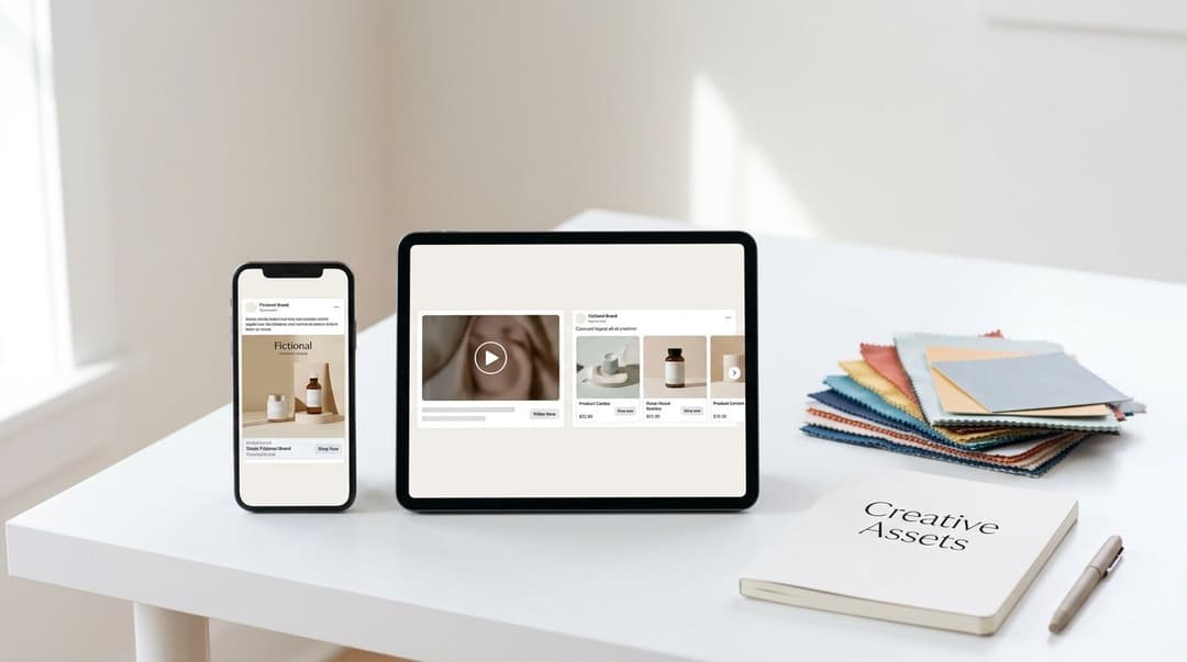 A modern desk set up featuring a smartphone and tablet displaying marketing campaign assets alongside fabric samples.