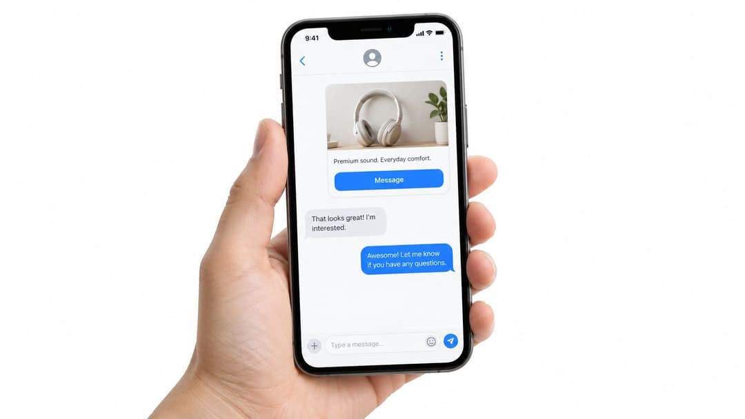 A hand holding a smartphone displaying a business messaging interface promoting headphones to a potential customer.