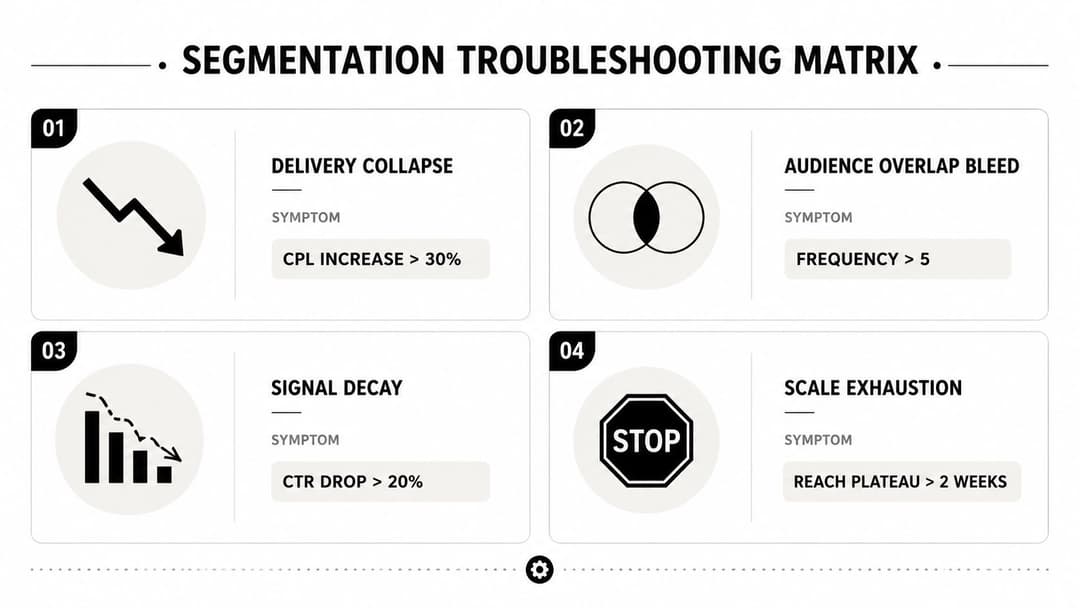 A segmentation troubleshooting matrix chart illustrating four common digital marketing issues with their respective performance symptoms.