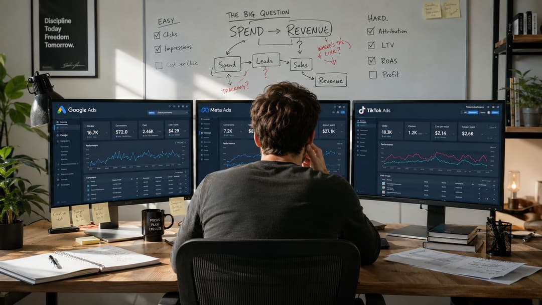 A marketing professional analyzes multi-platform paid media campaigns across three large computer monitors at a desk.