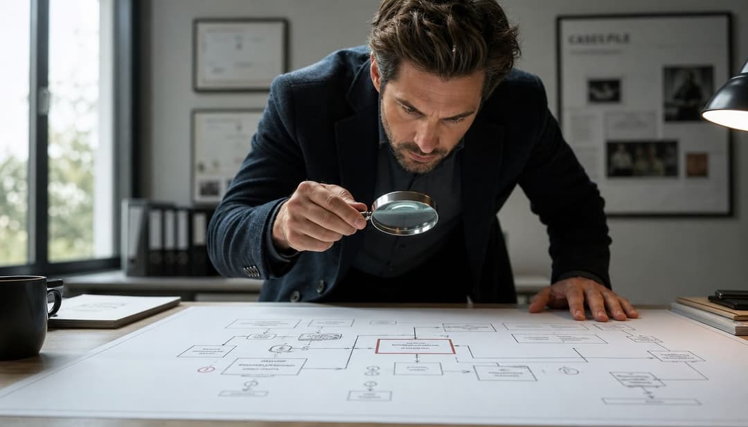 A professional man in a suit examines a detailed flow chart with a magnifying glass on a desk.