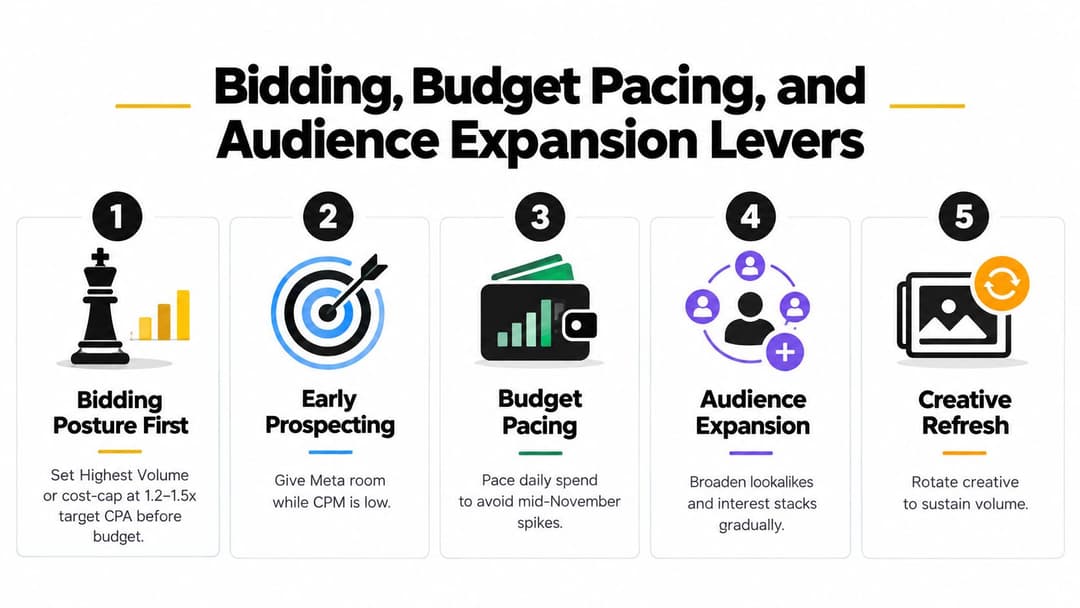 A five-step infographic illustrating strategies for managing holiday marketing campaigns, including bidding, budget, and creative tactics.