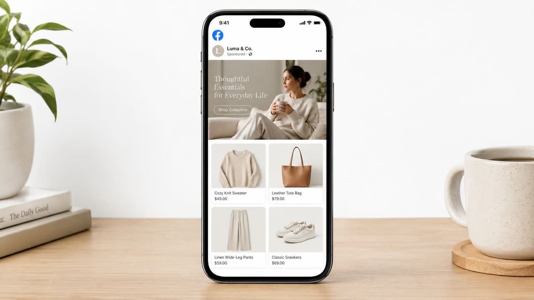 A smartphone displaying a Luma & Co fashion advertisement on Facebook, showcasing clothing and accessories on a desk.