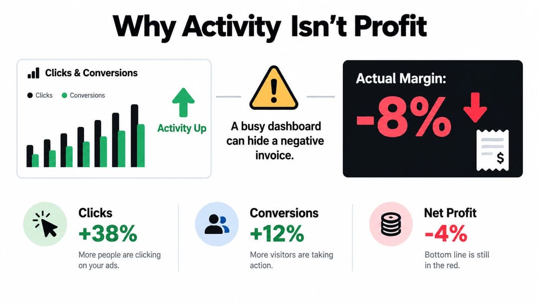 An infographic showing that increased clicks and conversions do not guarantee profit, highlighting a negative margin.