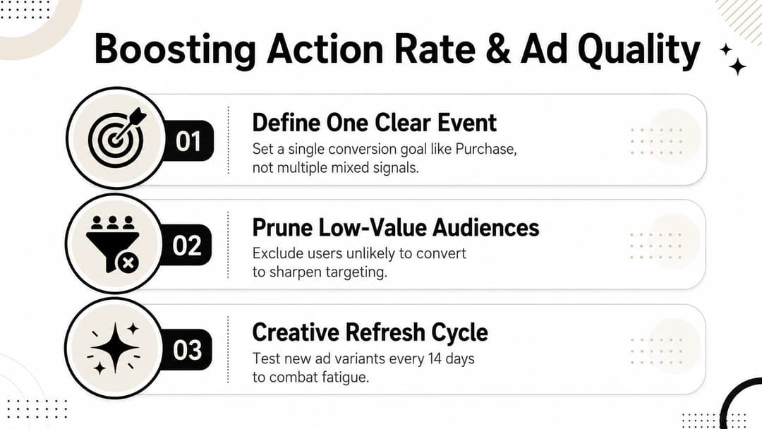An infographic detailing three strategies for boosting ad action rates and improving advertising quality.