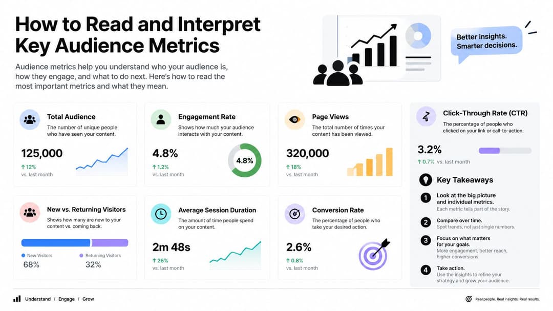 An infographic titled How to Read and Interpret Key Audience Metrics detailing various performance indicators and strategies.