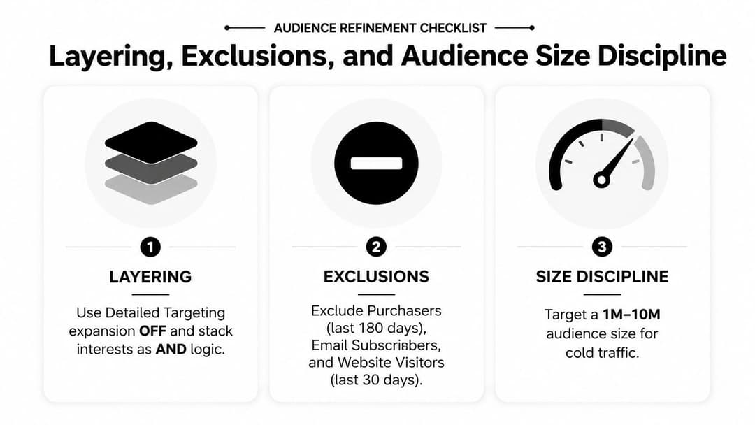 A checklist infographic illustrating three steps for refining Facebook audiences through layering, exclusions, and size discipline.