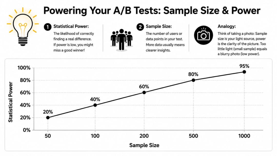 A line chart explaining the relationship between sample size and statistical power for A/B testing.