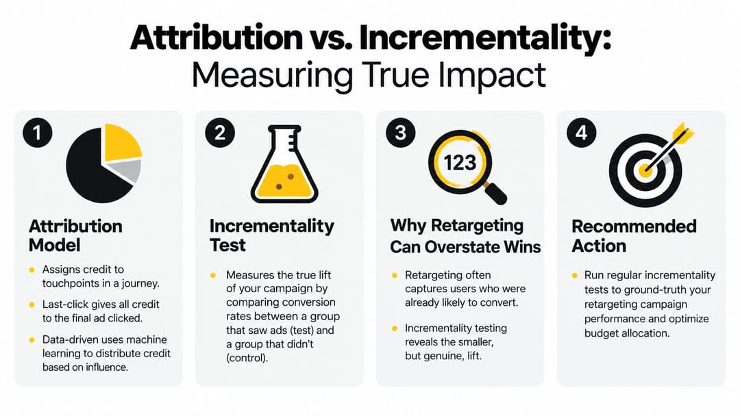 A four-step infographic comparing attribution models and incrementality testing to measure real marketing campaign impact.