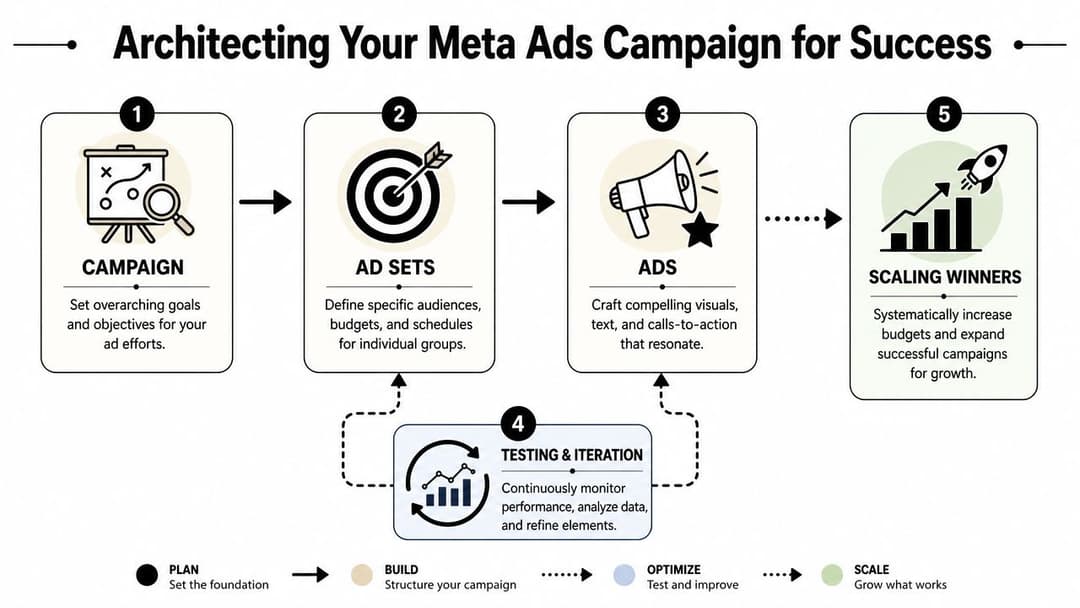 A diagram outlining a five-step process for architecting successful Meta Ads campaigns from planning to scaling.
