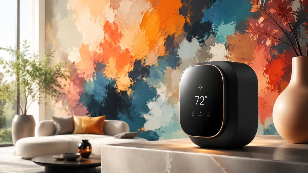 A modern smart home device displaying 72 degrees on a sleek surface in a vibrant living room.