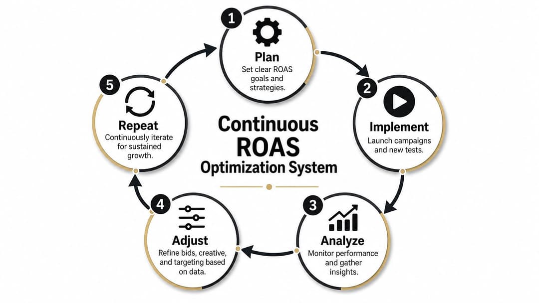 A diagram illustrating a five-step continuous ROAS optimization system cycle for marketing campaigns.