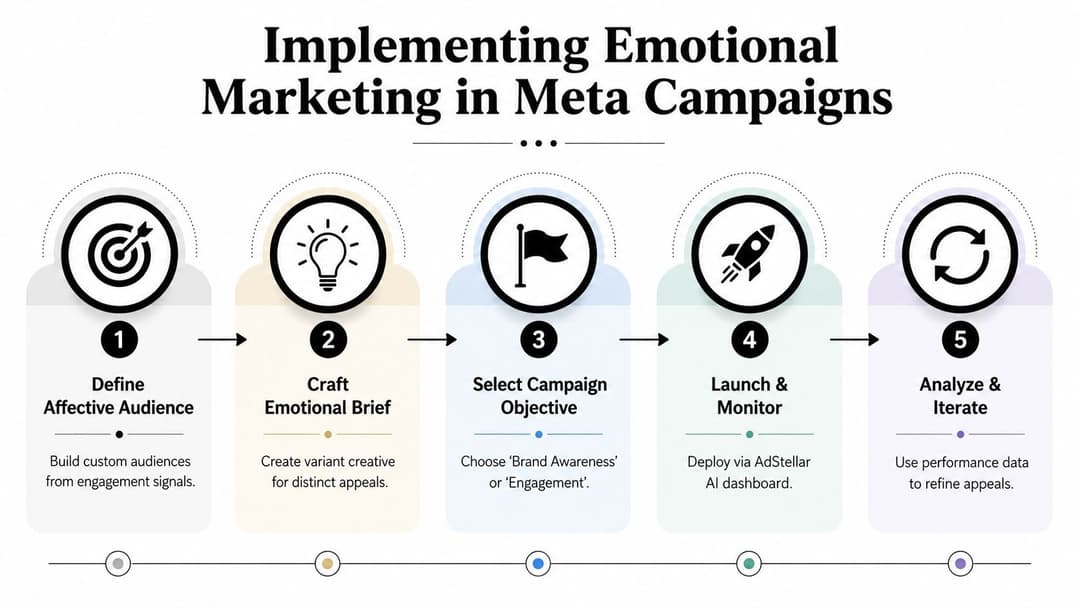 A five-step infographic showing the process of implementing emotional marketing strategies within Meta advertising campaigns.