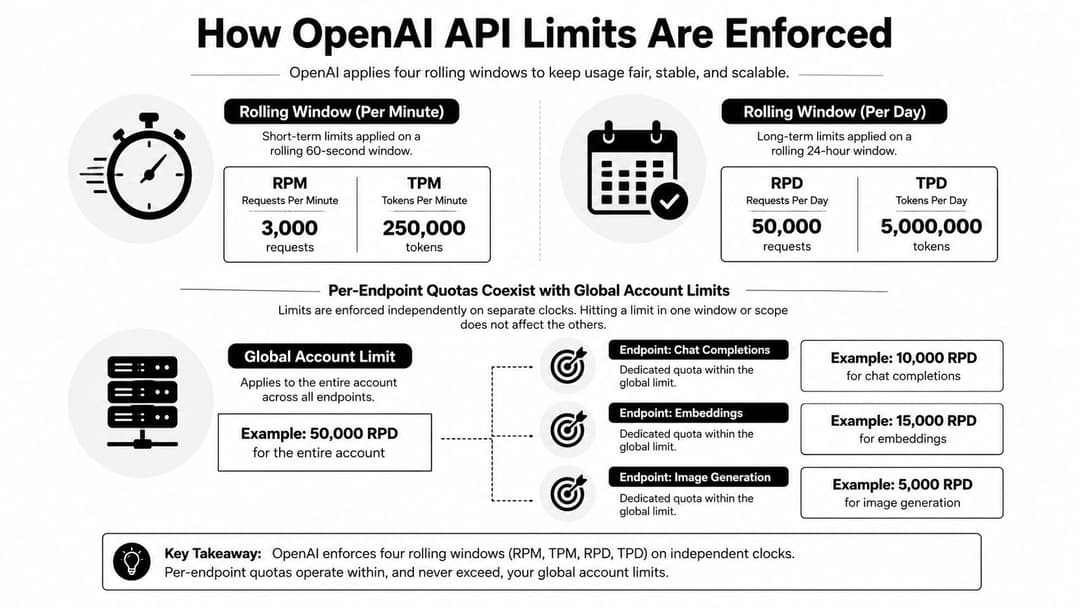 An infographic explaining how OpenAI API rate limits are enforced via rolling time windows and endpoints.