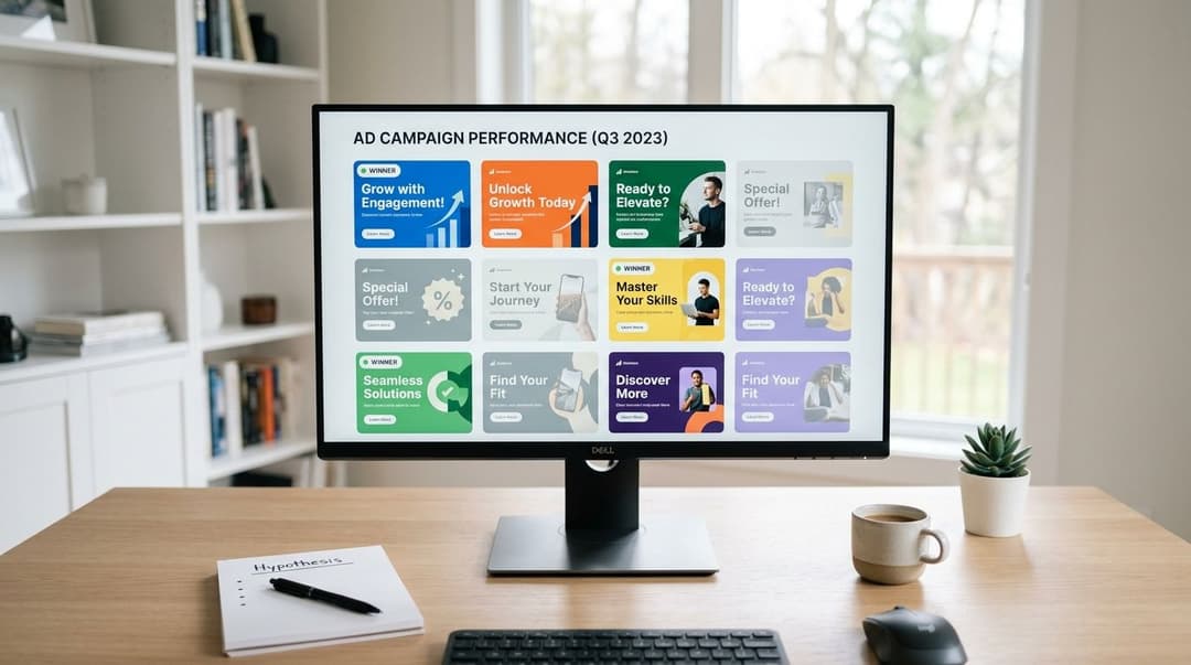 A computer monitor on a desk showing various ad campaign design templates for Facebook advertisements.