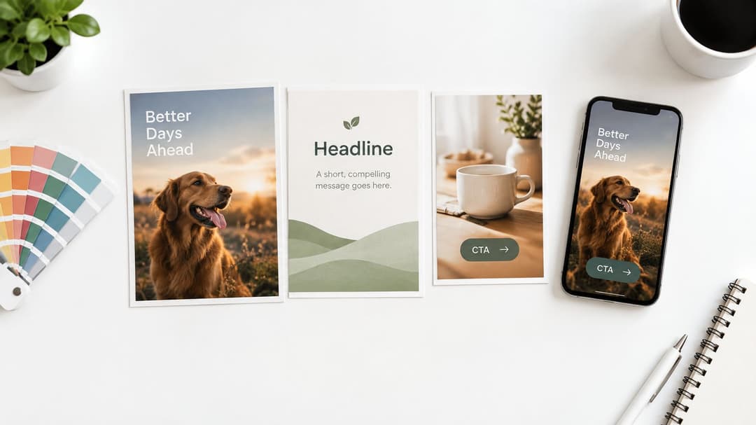 A top-down view of design mockups featuring a dog, coffee, and app interface with color swatches.