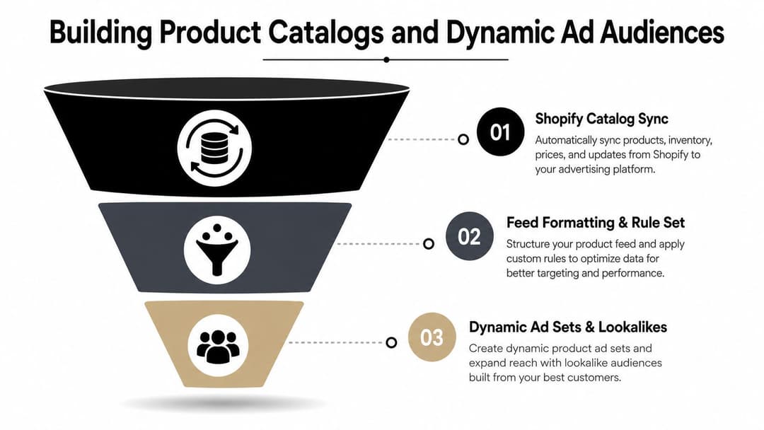 A funnel diagram illustrating the process of building product catalogs and dynamic ad audiences for Shopify.