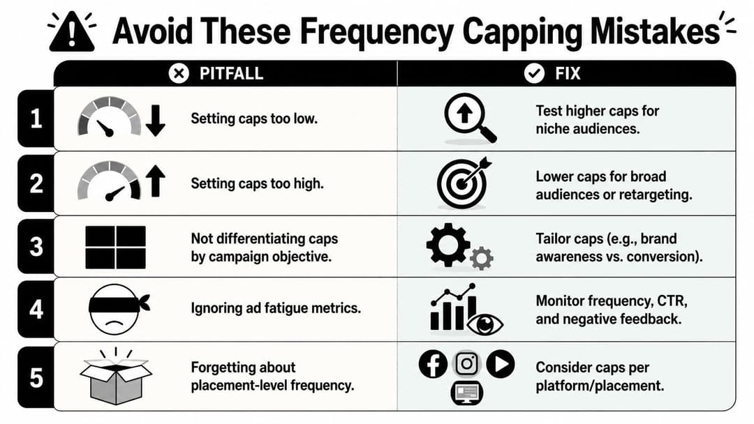 A list of five common mistakes and solutions regarding digital advertising frequency capping strategies.