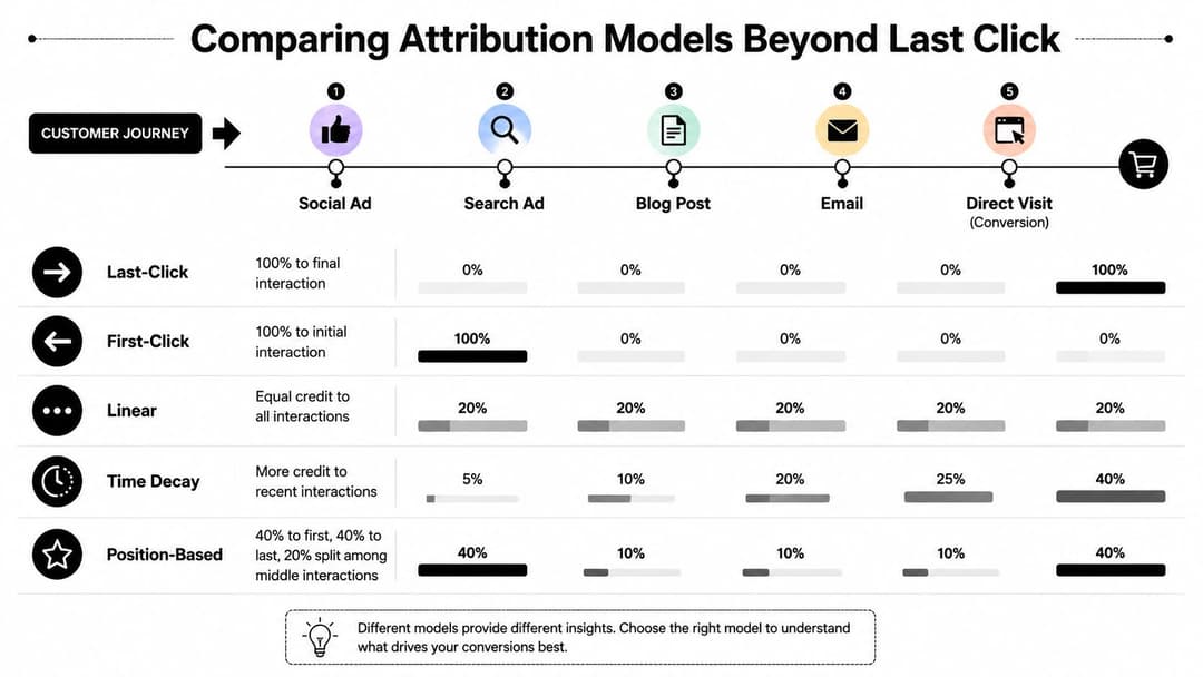 A comparison chart showing how different attribution models distribute credit across various digital marketing customer touchpoints.