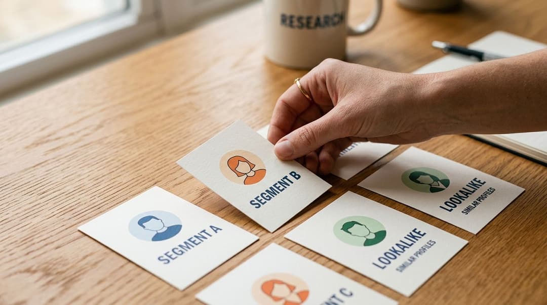 A hand selecting a Segment B customer profile card from a table for campaign segmentation strategy.