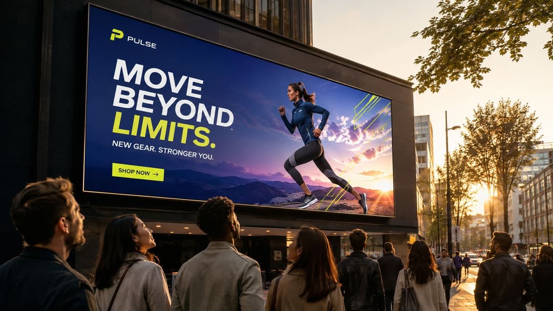 A group of people standing on a city street looking up at a large digital billboard advertisement.