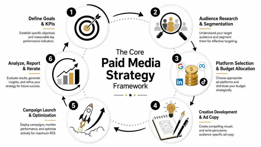 A circular infographic illustrating the six-step core paid media strategy framework for marketing and advertising campaigns.