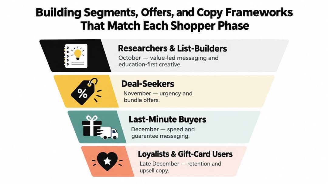 A funnel diagram illustrating holiday marketing strategies for shoppers, categorized by phase, timing, and engagement messaging.