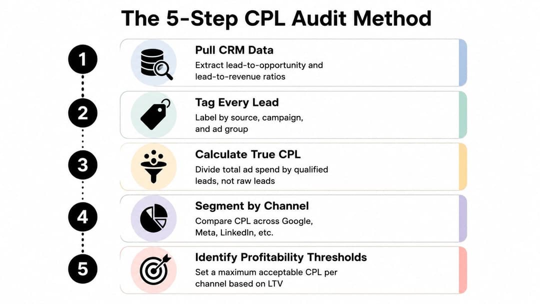 An infographic titled The 5-Step CPL Audit Method detailing steps to analyze and optimize lead costs.
