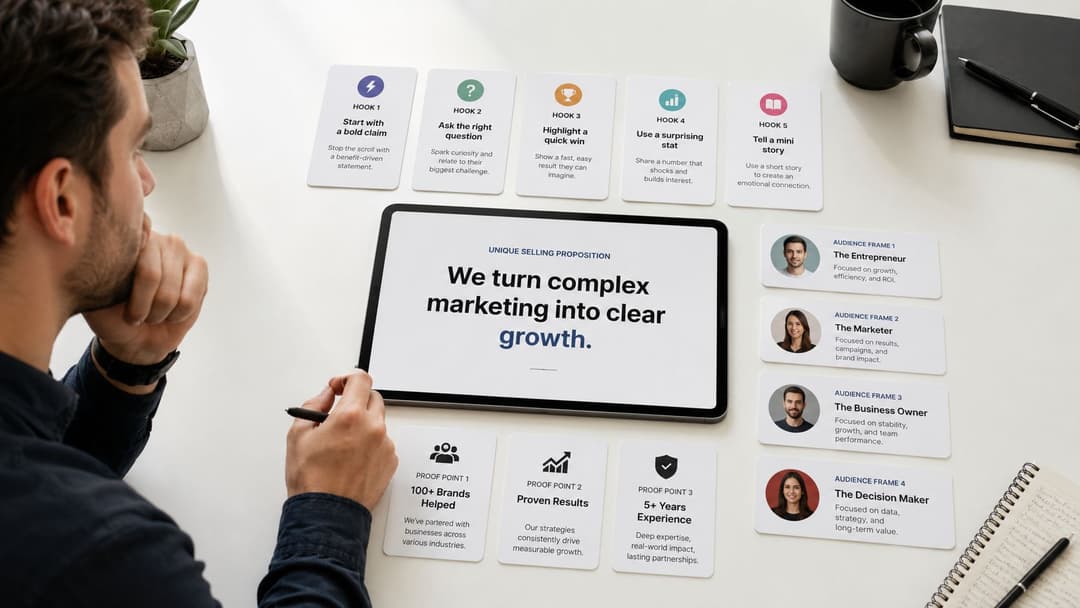 A marketing strategy presentation layout on a tablet surrounded by cards detailing hooks, audiences, and proof points.