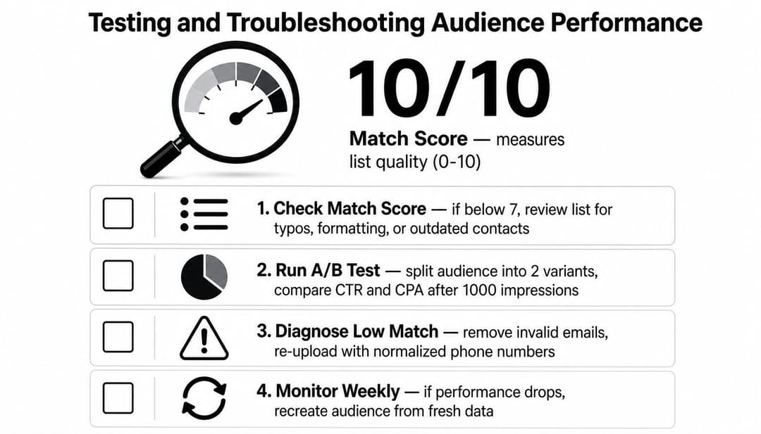 An infographic displaying four steps to test and troubleshoot audience performance, including measuring match score and A/B testing.