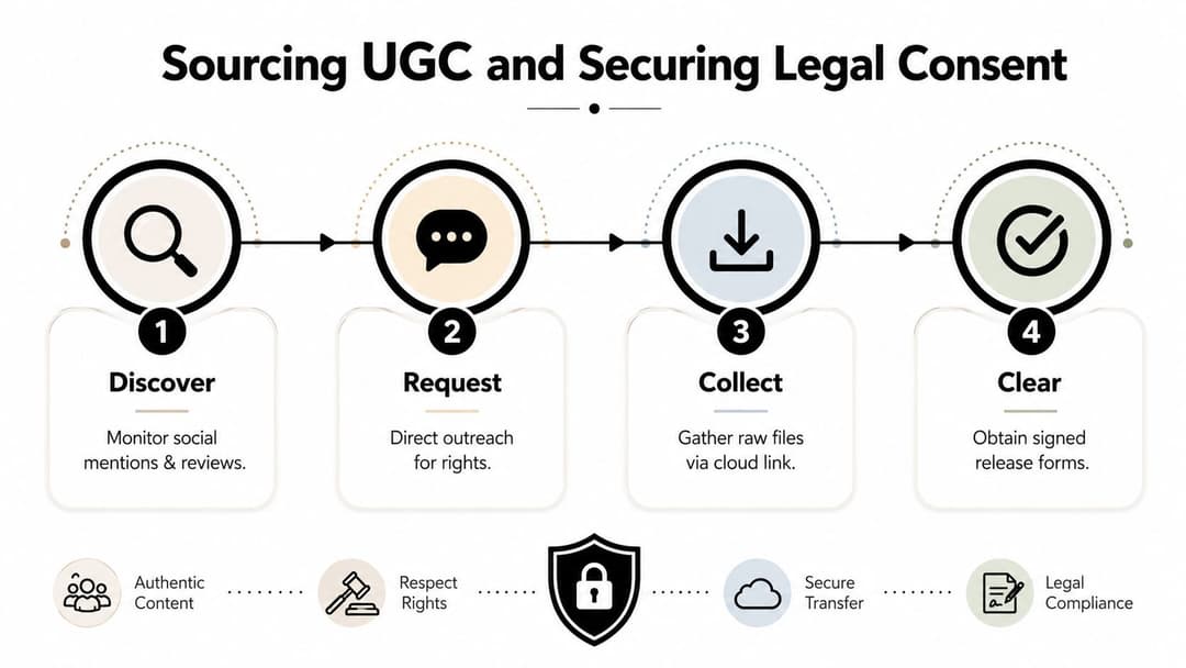 A four-step infographic illustrating the workflow for sourcing user-generated content and securing legal consent.