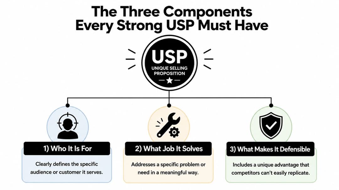 A diagram outlining the three essential components for building a strong, effective unique selling proposition for businesses.