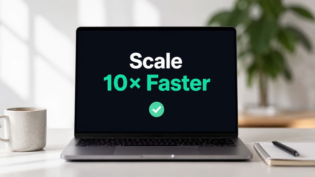 A laptop on a white desk displaying the bold white and green text Scale 10x Faster.
