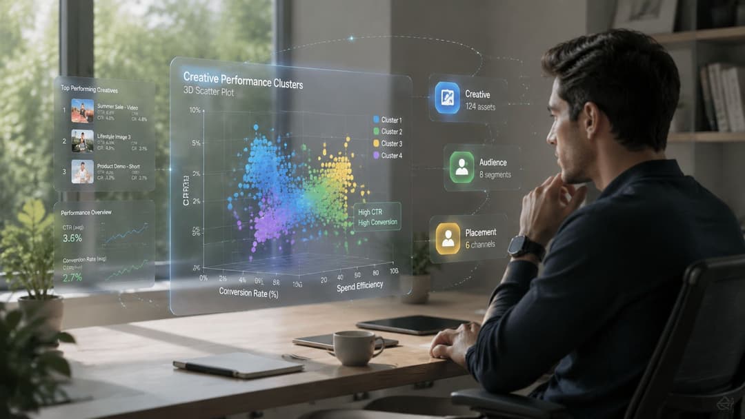 A professional analyzing creative performance clusters through a 3D holographic data visualization interface in a bright office.