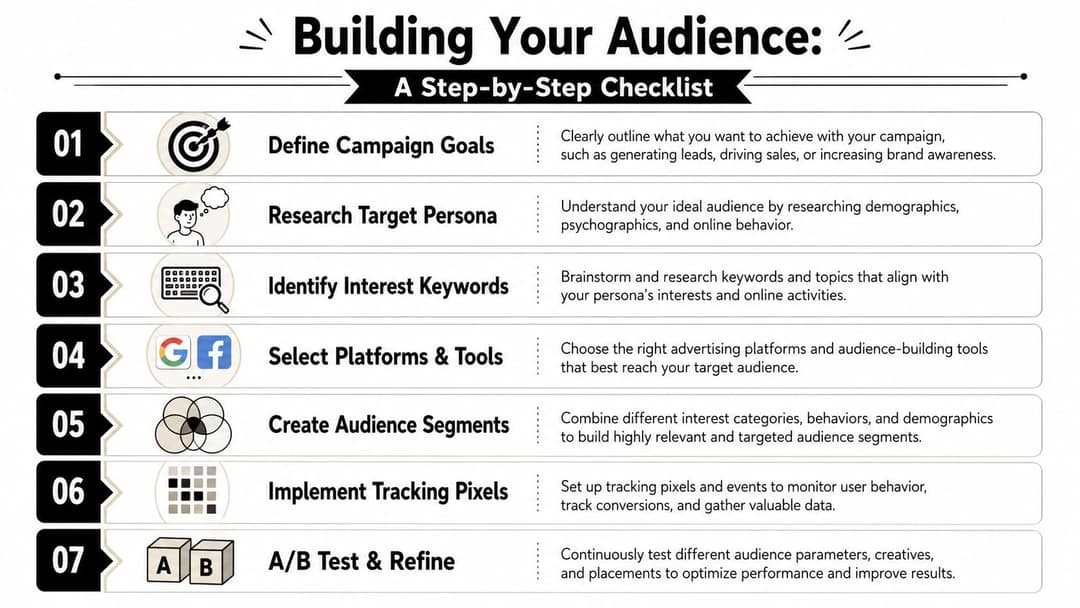 A seven-step checklist for building a target audience, featuring marketing strategies from campaign goals to A/B testing.