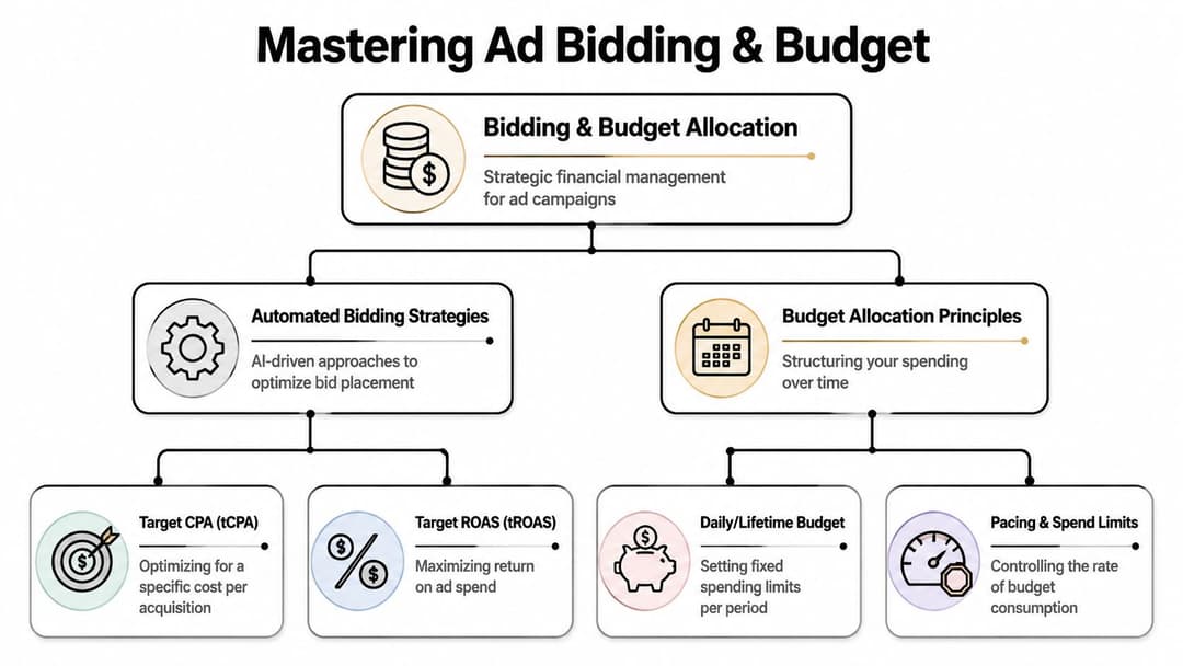A flowchart diagram explaining ad bidding and budget allocation strategies for online advertising campaigns.