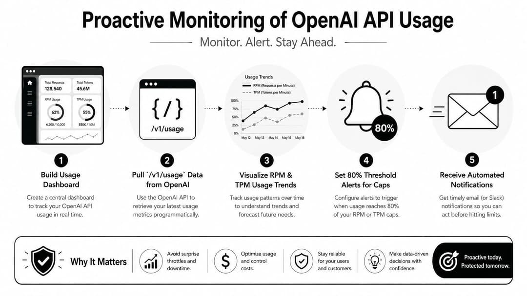 A five-step infographic showing how to monitor OpenAI API usage, visualize trends, and set proactive alerts.