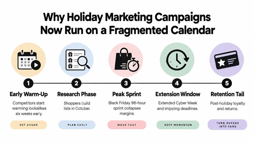 A five-step infographic illustrating the fragmented phases of holiday marketing campaigns from early warm-up to retention.