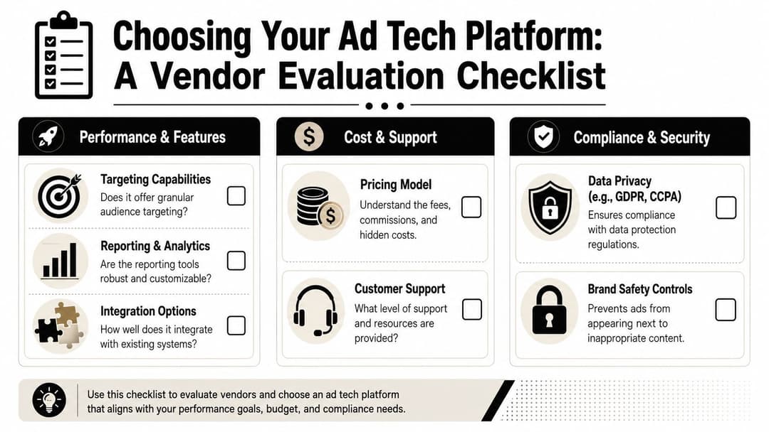 A vendor evaluation checklist for selecting an ad tech platform covering performance, cost, and compliance.